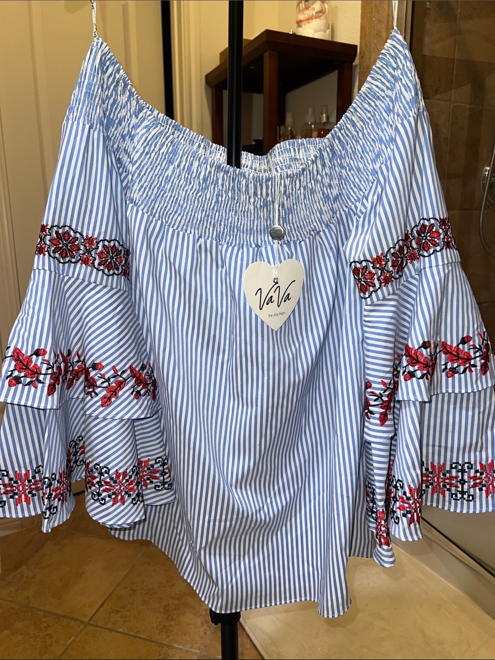 Blue Striped Off-Shoulder Embroidered Bell Sleeve Top